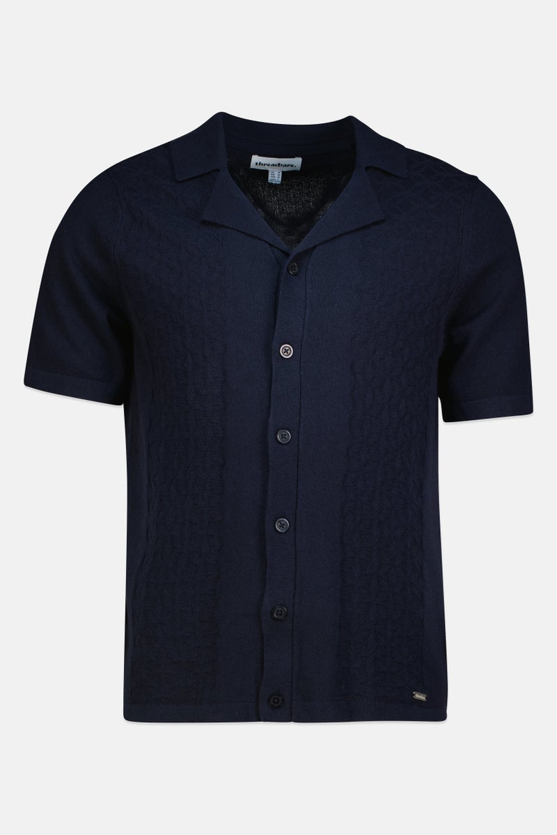 Threadbare Men Regular Fit Knitted Short Sleeve Casual Shirt, Navy - Image 2