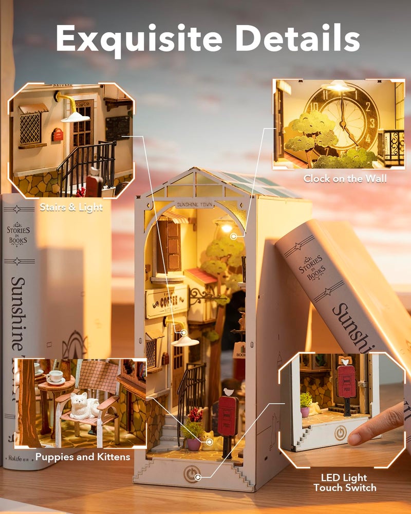 Rowood Book Nook Kits for Adults Bookshelf Insert Decor Alley 3D Wooden Puzzle Bookend DIY Craft Kits for Adults with LED Light - Sunshine Town - Image 3