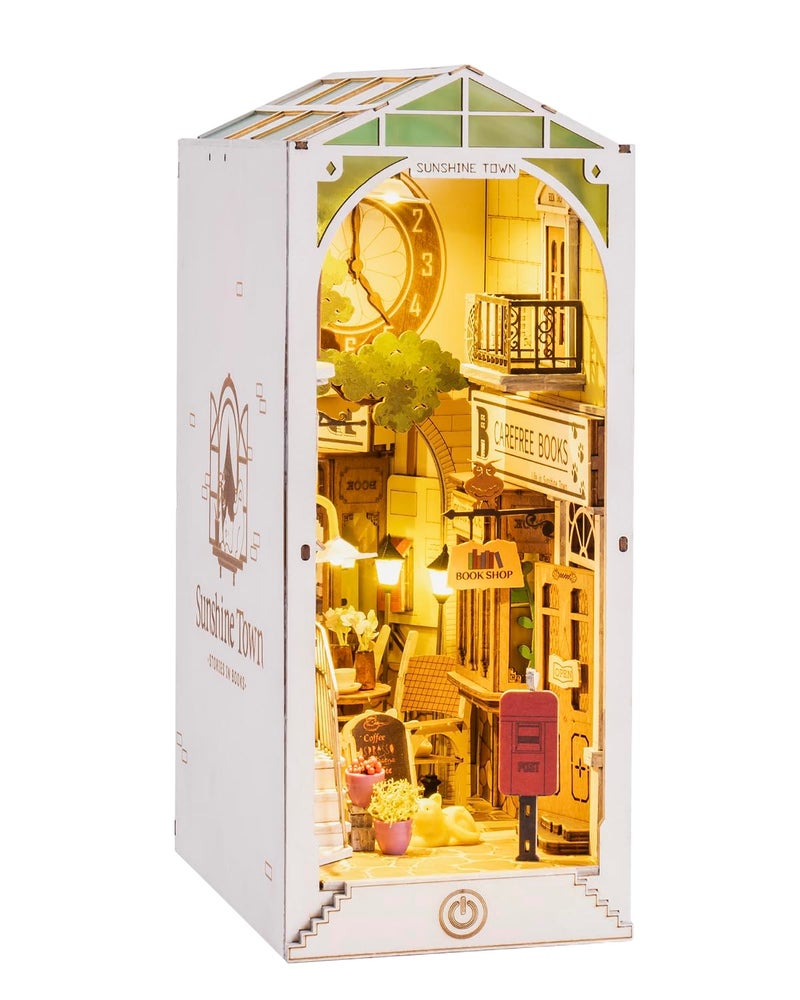 Rowood Book Nook Kits for Adults Bookshelf Insert Decor Alley 3D Wooden Puzzle Bookend DIY Craft Kits for Adults with LED Light - Sunshine Town - Image 1