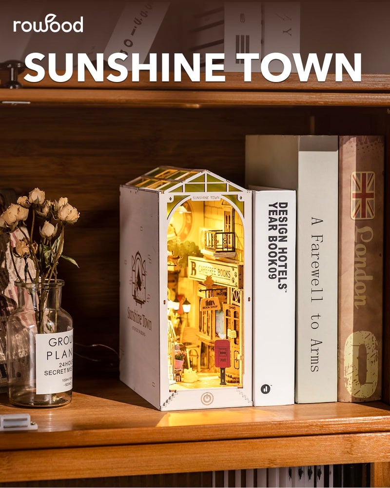 Rowood Book Nook Kits for Adults Bookshelf Insert Decor Alley 3D Wooden Puzzle Bookend DIY Craft Kits for Adults with LED Light - Sunshine Town - Image 2