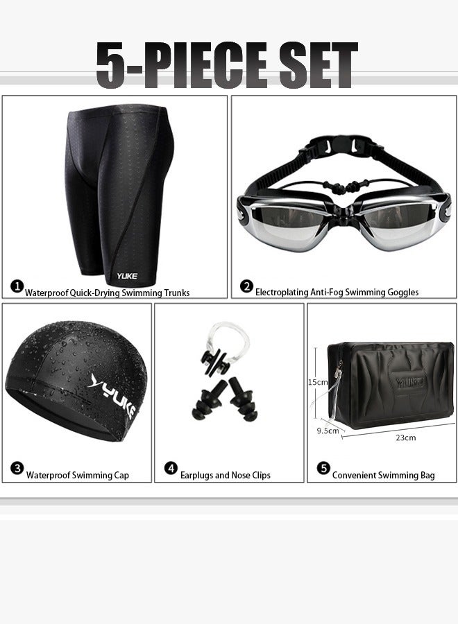 Professional Swimming Kits Swim Cap UV Protection & Anti-fog Swim Goggles Quick-Dry Swim Trunks with Earplugs Nose Clip Protection Case for Adults (Black)