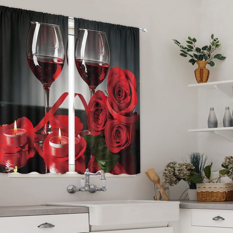 MESHELLY الستائر المطبخ الحمراء الحمراء 27.5W x 39H قضيب جيب الستائر بورجوندي ديكور روز نبيذ للنساء الفتيات الأسود الستائر ريد - Image 4