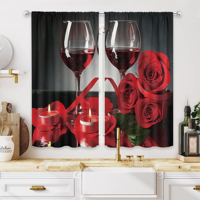 MESHELLY الستائر المطبخ الحمراء الحمراء 27.5W x 39H قضيب جيب الستائر بورجوندي ديكور روز نبيذ للنساء الفتيات الأسود الستائر ريد - Image 1