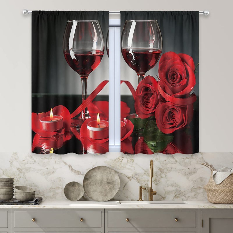 MESHELLY الستائر المطبخ الحمراء الحمراء 27.5W x 39H قضيب جيب الستائر بورجوندي ديكور روز نبيذ للنساء الفتيات الأسود الستائر ريد - Image 3