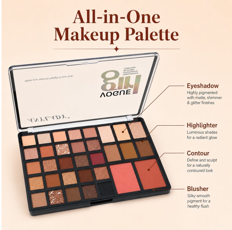 Me Now Makeup Palette 33 Colors Eyeshadow Blush Contour Highlighter, Nude Matte Shimmer - Image 2