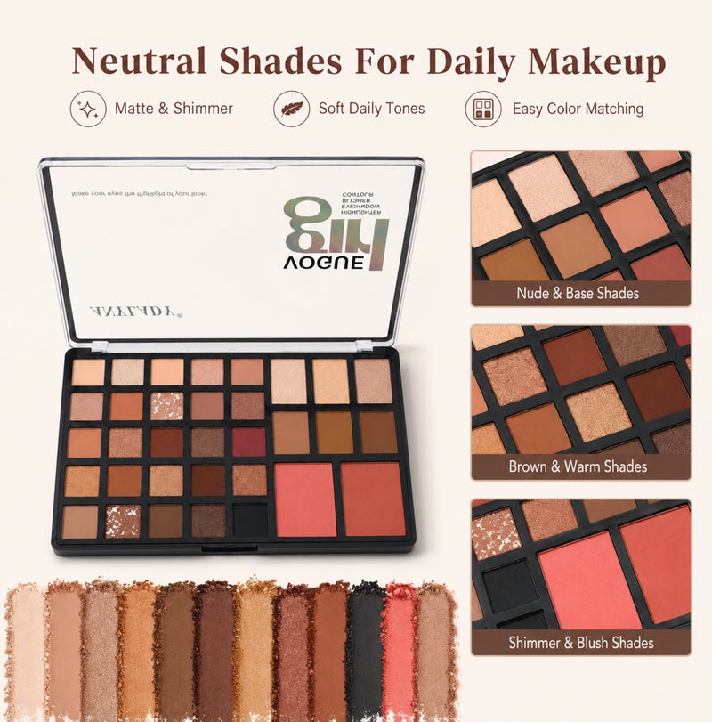 Me Now Makeup Palette 33 Colors Eyeshadow Blush Contour Highlighter, Nude Matte Shimmer - Image 3