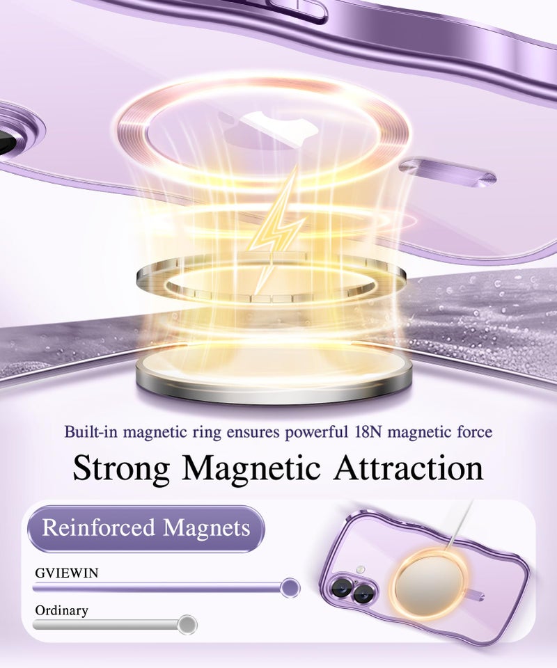 GVIEWIN for iPhone 17 Case [Compatible with MagSafe][Upgraded Full Camera Protection][Cute Wave Frame] Glossy Slim Shockproof Protective Magnetic Phone Case for iPhone 17 6.3'', Clear/Lilac Purple - Image 4