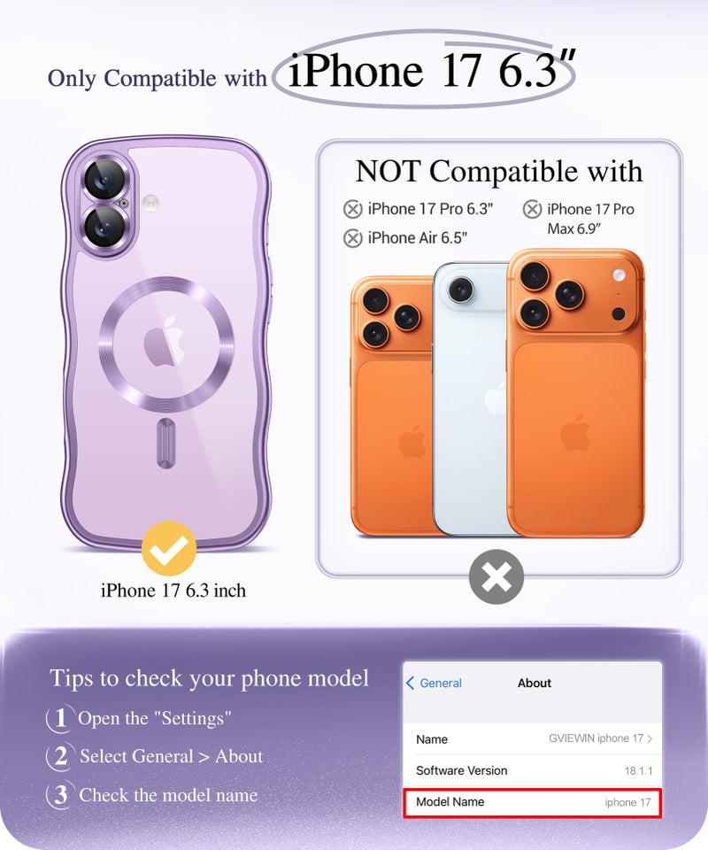 GVIEWIN for iPhone 17 Case [Compatible with MagSafe][Upgraded Full Camera Protection][Cute Wave Frame] Glossy Slim Shockproof Protective Magnetic Phone Case for iPhone 17 6.3'', Clear/Lilac Purple - Image 2