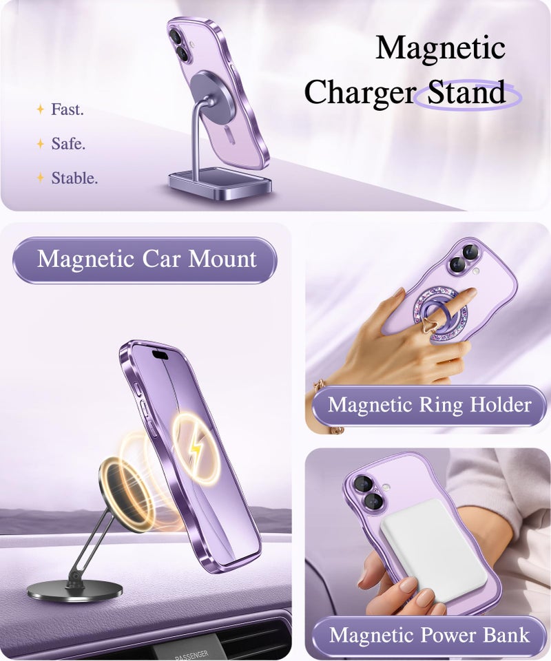 GVIEWIN for iPhone 17 Case [Compatible with MagSafe][Upgraded Full Camera Protection][Cute Wave Frame] Glossy Slim Shockproof Protective Magnetic Phone Case for iPhone 17 6.3'', Clear/Lilac Purple - Image 5