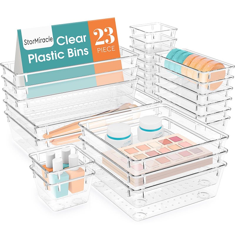 StorMiracle 23 PCS Drawer Organizer Set 5 Varied Size Bathroom and kitchen Drawer cabinet organizer Trays Clear Storage Bins for Makeup Jewelry Utensils and Gadgets