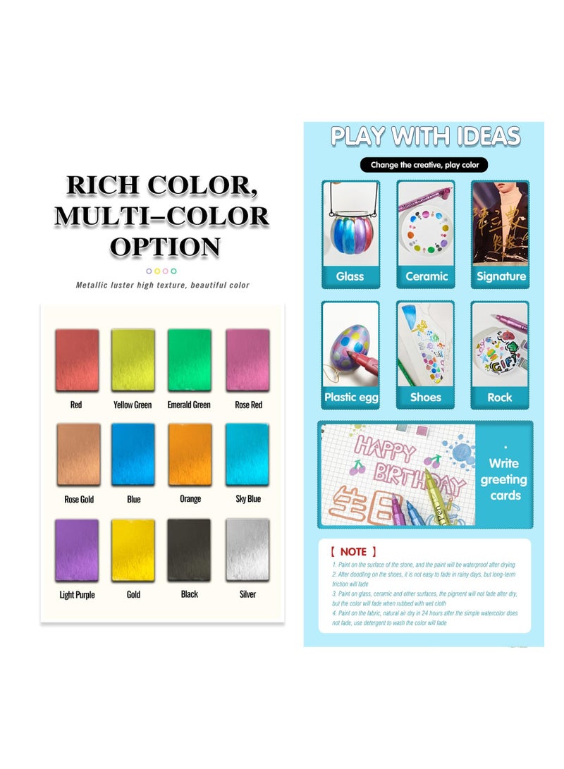 12 Colors Dual Tip Acrylic Paint Markers, Metal Color Acrylic Paint Pens for Rock Painting, Canvas, Wood, Ceramic, Glass, Stone, Fabric, DIY Crafts & Art Supplies, Fine and Round Tips, Non-Toxic - Image 4