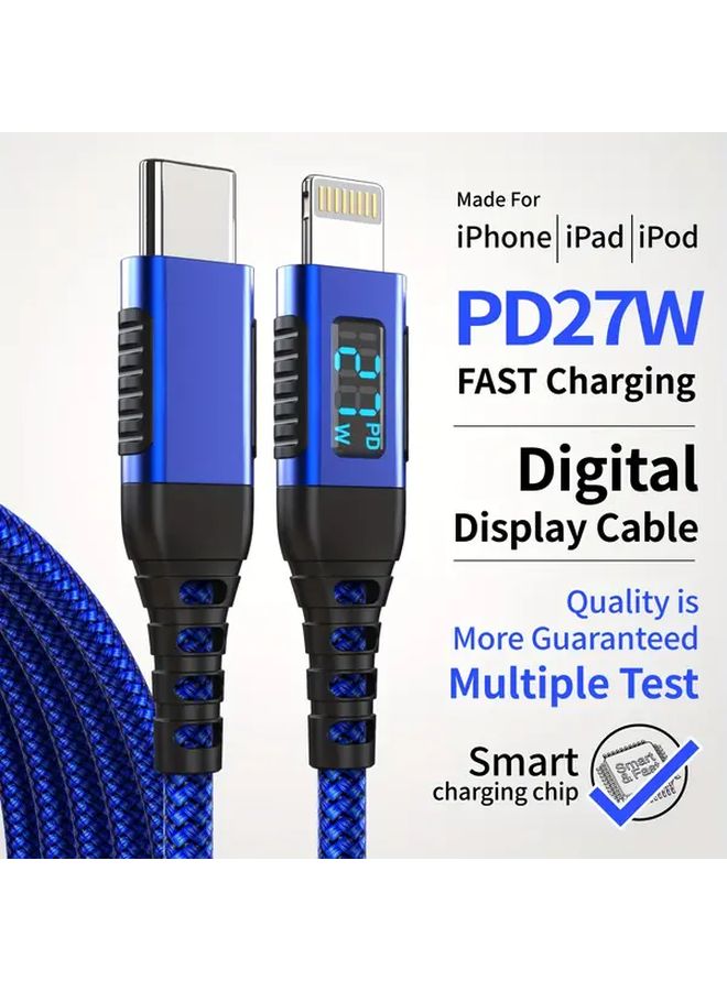 USB C To Lightning Cable 1m Blue LED Display Fast Charging PD 20W Compatible With iPhone - Image 1