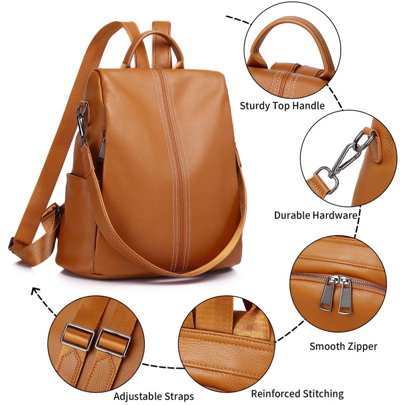 Wesccimo Genuine Leather Backpack Purse For Women Orange Brown Antitheft Real Soft Leather Fashion Daypack Shoulder Bag - Image 4