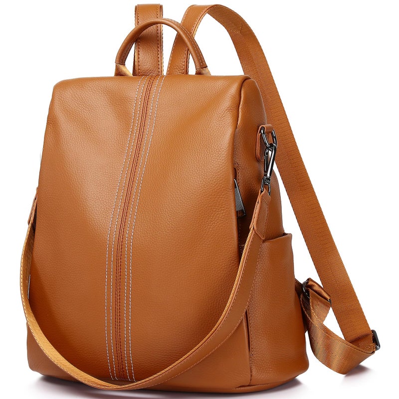 Wesccimo Genuine Leather Backpack Purse For Women Orange Brown Antitheft Real Soft Leather Fashion Daypack Shoulder Bag - Image 2