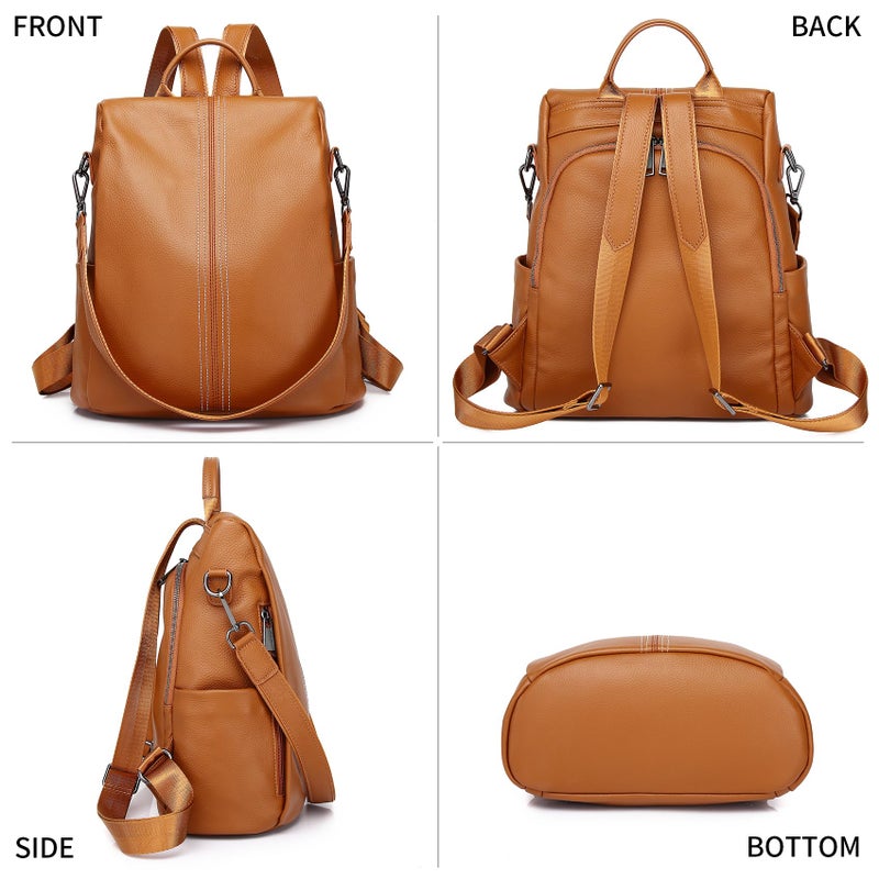 Wesccimo Genuine Leather Backpack Purse For Women Orange Brown Antitheft Real Soft Leather Fashion Daypack Shoulder Bag - Image 5