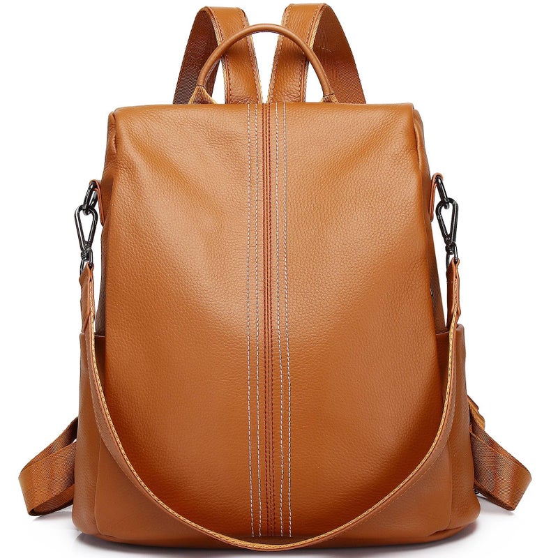 Wesccimo Genuine Leather Backpack Purse For Women Orange Brown Antitheft Real Soft Leather Fashion Daypack Shoulder Bag - Image 1