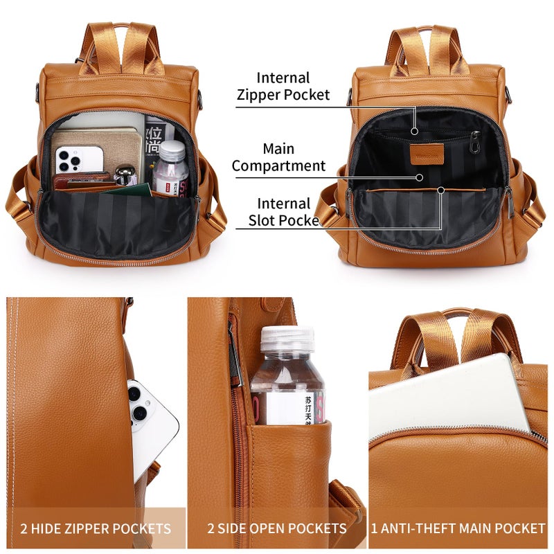 Wesccimo Genuine Leather Backpack Purse For Women Orange Brown Antitheft Real Soft Leather Fashion Daypack Shoulder Bag - Image 3