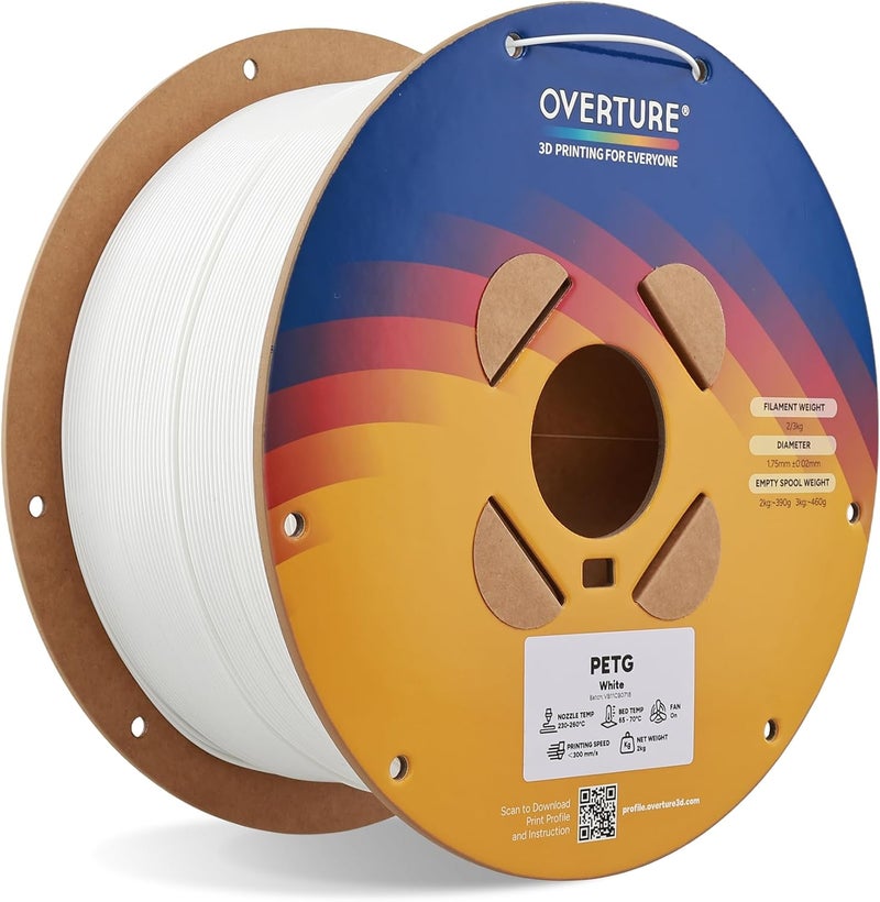 OVERTURE PETG 3D Printer Filament 1.75mm, Neatly Wound Durable PETG 2kg Spool (4.4lbs), Strong Toughness Filament, Dimensional Accuracy +/- 0.02mm, Fit Most FDM Printers (White 1 Pack) - Image 1
