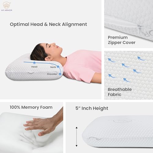 MY ARMOR Memory Foam Pillow | 2 Years Warranty |King Size Orthopedic Pillows for Neck Pain Relief - 5 Inch Thick, with Removable Washable Cover - Pack of 1 - Image 4