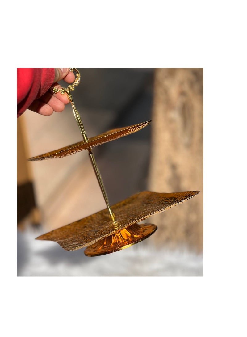 Two-tiered sweet stand Multipurpose for serving cookies, qatayef, and kunafa during Ramadan, and also for petit fours and kahk during Eid. Made of stainless steel. Length: 28 cm. - Image 1