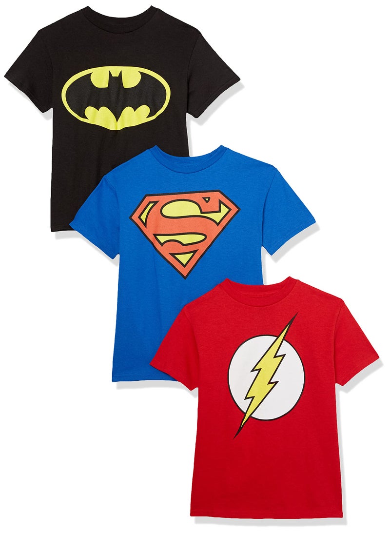 DC Comics Unisex Child Batman, Superman, The Flash 3 Pack Logo T-Shirt Bundle Set T Shirt, Black/Royal/Red, 8 US - Image 1