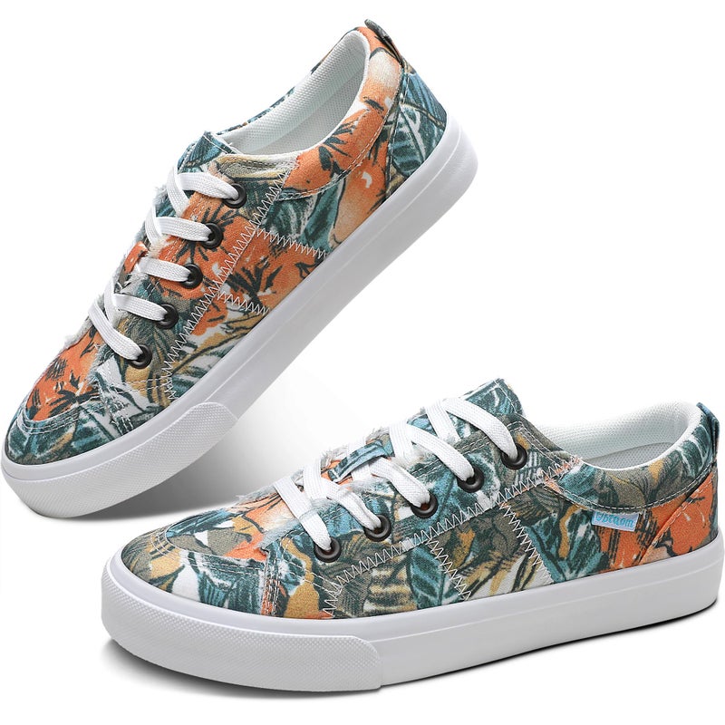 Obtaom Women's White Play Fashion Sneakers Cute Canvas Sneakers Low Top Washed Canvas Shoes for Lady Comfortable Walking Flats(Multi Green Yellow,US11) - Image 1