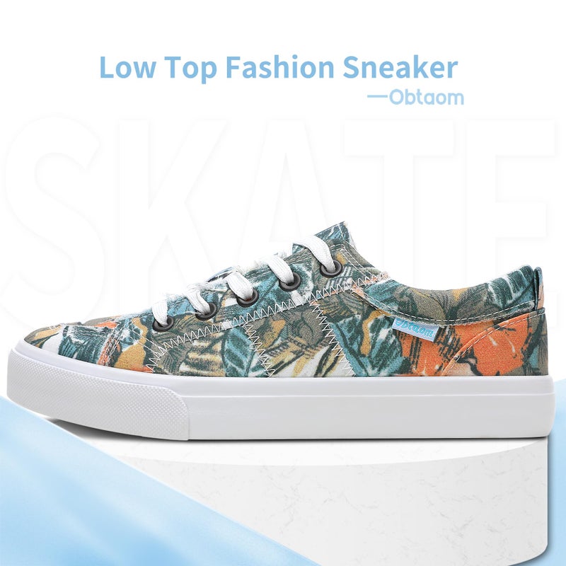 Obtaom Women's White Play Fashion Sneakers Cute Canvas Sneakers Low Top Washed Canvas Shoes for Lady Comfortable Walking Flats(Multi Green Yellow,US11) - Image 3