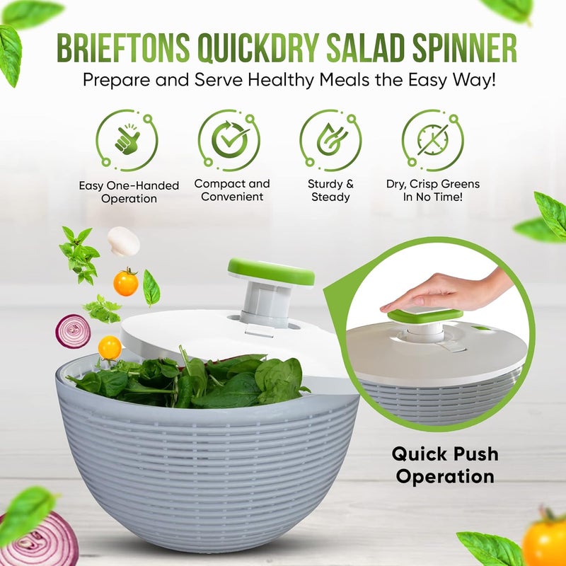 Brieftons 6.2-Quart Large Salad Spinner: Vegetable Washer Dryer Drainer Strainer with Bowl & Colander, Easy One-Handed Pump, Compact Storage, for Washing, Cleaning & Drying Greens, Vegetables, Fruits - Image 2