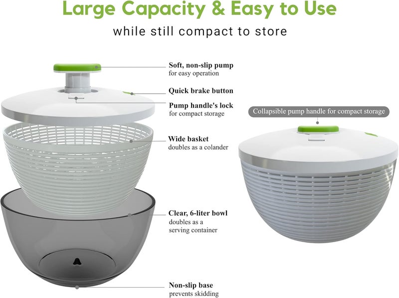 Brieftons 6.2-Quart Large Salad Spinner: Vegetable Washer Dryer Drainer Strainer with Bowl & Colander, Easy One-Handed Pump, Compact Storage, for Washing, Cleaning & Drying Greens, Vegetables, Fruits - Image 5