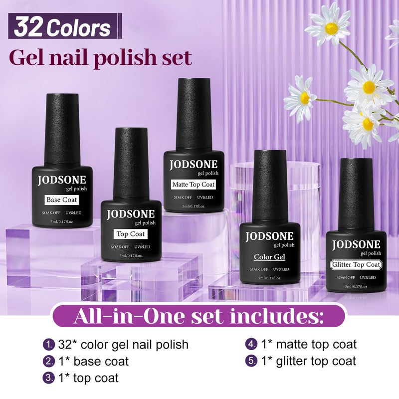 JODSONE 32+4 Pcs Gel Nail Polish Kit Soak Off Gel Polish Set Glitter Gel Nail Kit Nail Art Salon DIY at Home Manicure Kit - Image 2