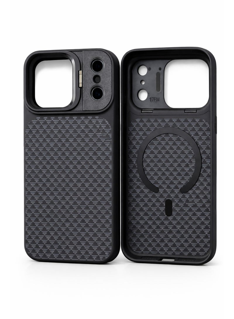 VR CREATIVE Premium Carbon Camera Stand Case for Apple iPhone 17 Pro Max with MagSafe & Sliding Camera Cover Design 1– Black - Image 2