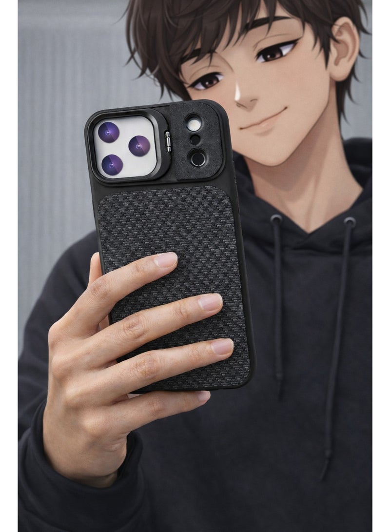 VR CREATIVE Premium Carbon Camera Stand Case for Apple iPhone 17 Pro Max with MagSafe & Sliding Camera Cover Design 1– Black - Image 4