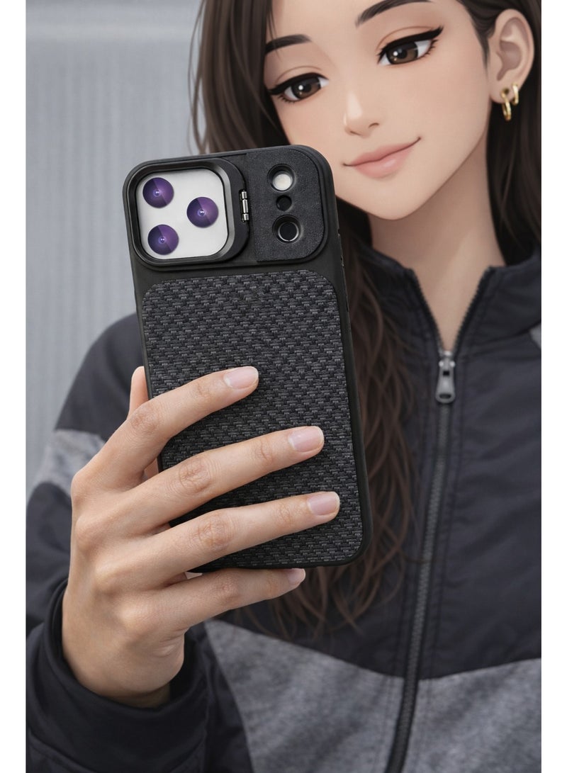 VR CREATIVE Premium Carbon Camera Stand Case for Apple iPhone 17 Pro Max with MagSafe & Sliding Camera Cover Design 1– Black - Image 3