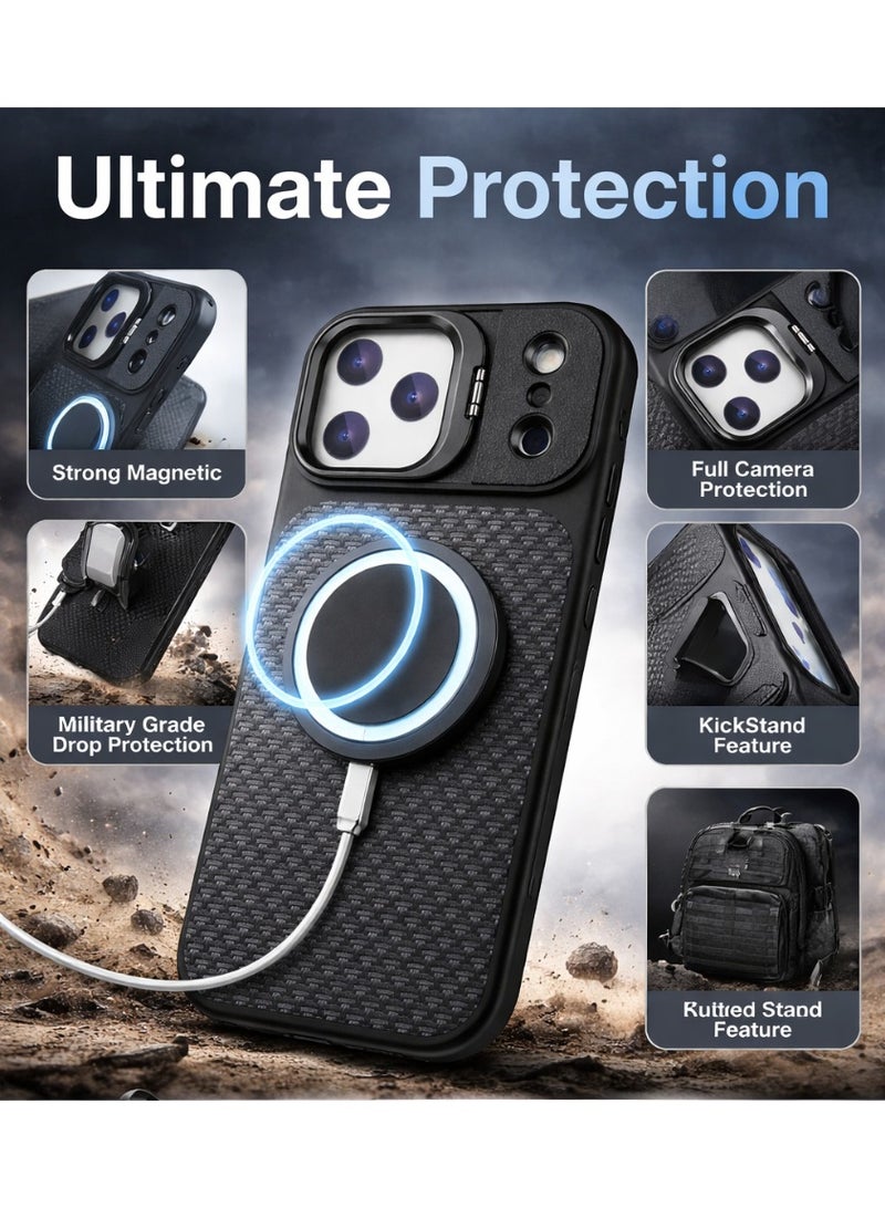 VR CREATIVE Premium Carbon Camera Stand Case for Apple iPhone 17 Pro Max with MagSafe & Sliding Camera Cover Design 1– Black - Image 5