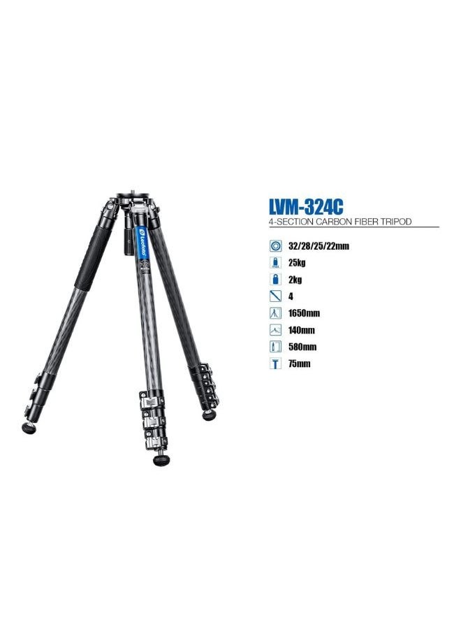 Leofoto Leofoto LVM-324C 3 Section Carbon Fiber Tripod Integrated 75mm Bowl with 75mm Leveling Base Manba LVM Series Video Tripod System  - Image 2