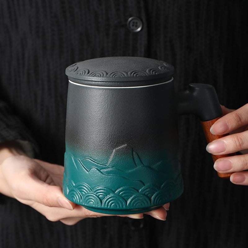 NUZAMAS Tea Cup with Infuser and Lid 450ml Coffee Mug with Wooden Handle Japanese Handcrafted Handmade Tea Ceramic Kiln Glazed Unique Pattern for Gifts Black and Green  - Image 4