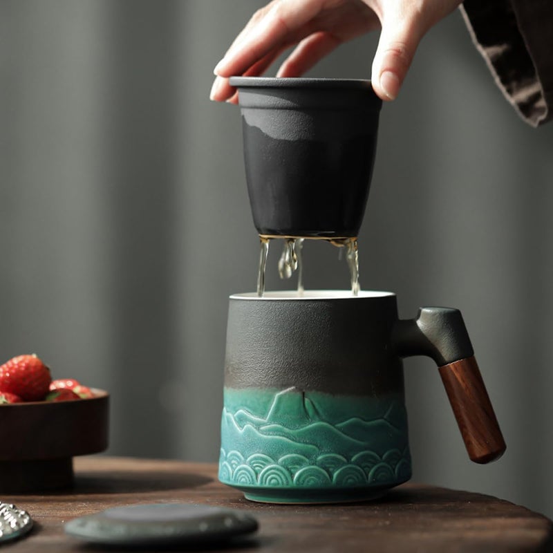NUZAMAS Tea Cup with Infuser and Lid 450ml Coffee Mug with Wooden Handle Japanese Handcrafted Handmade Tea Ceramic Kiln Glazed Unique Pattern for Gifts Black and Green  - Image 5