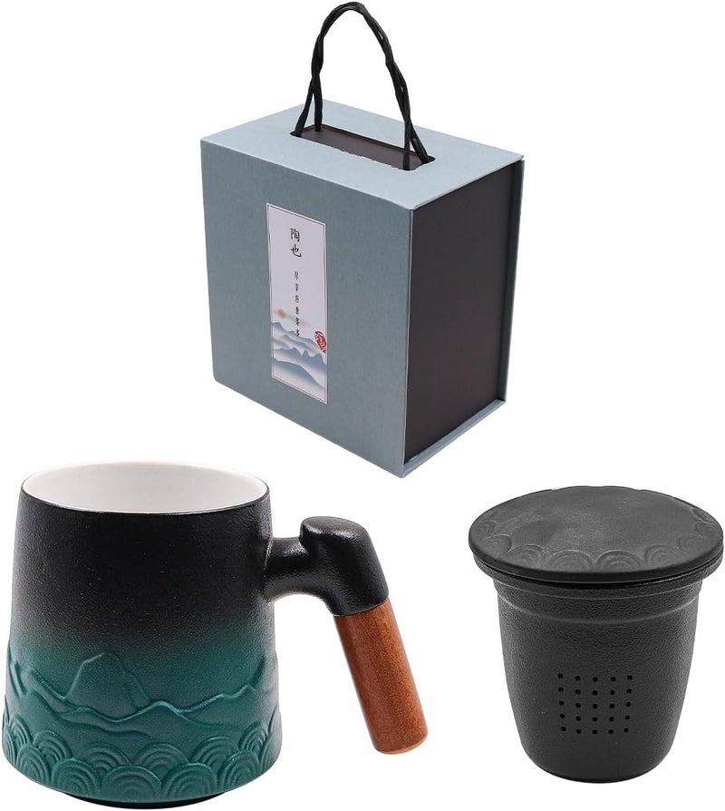 NUZAMAS Tea Cup with Infuser and Lid 450ml Coffee Mug with Wooden Handle Japanese Handcrafted Handmade Tea Ceramic Kiln Glazed Unique Pattern for Gifts Black and Green  - Image 1