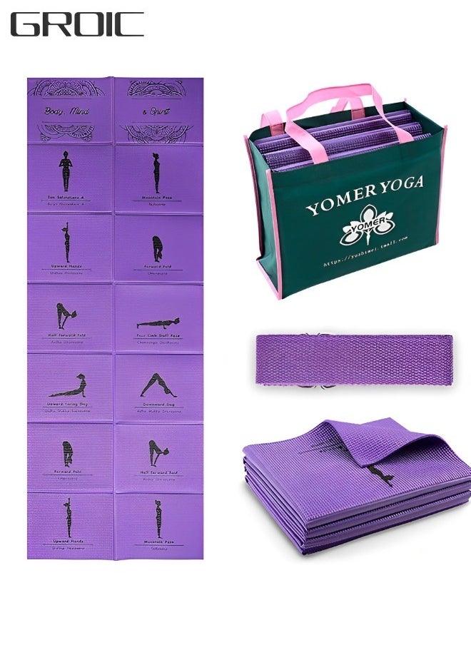 GROIC Foldable Yoga Mat with Illustrated Yoga Poses, Non Slip Exercise Mat for Home Gym, Travel Yoga Set With Stretch Strap for Yoga Pilates and Fitness  - Image 1