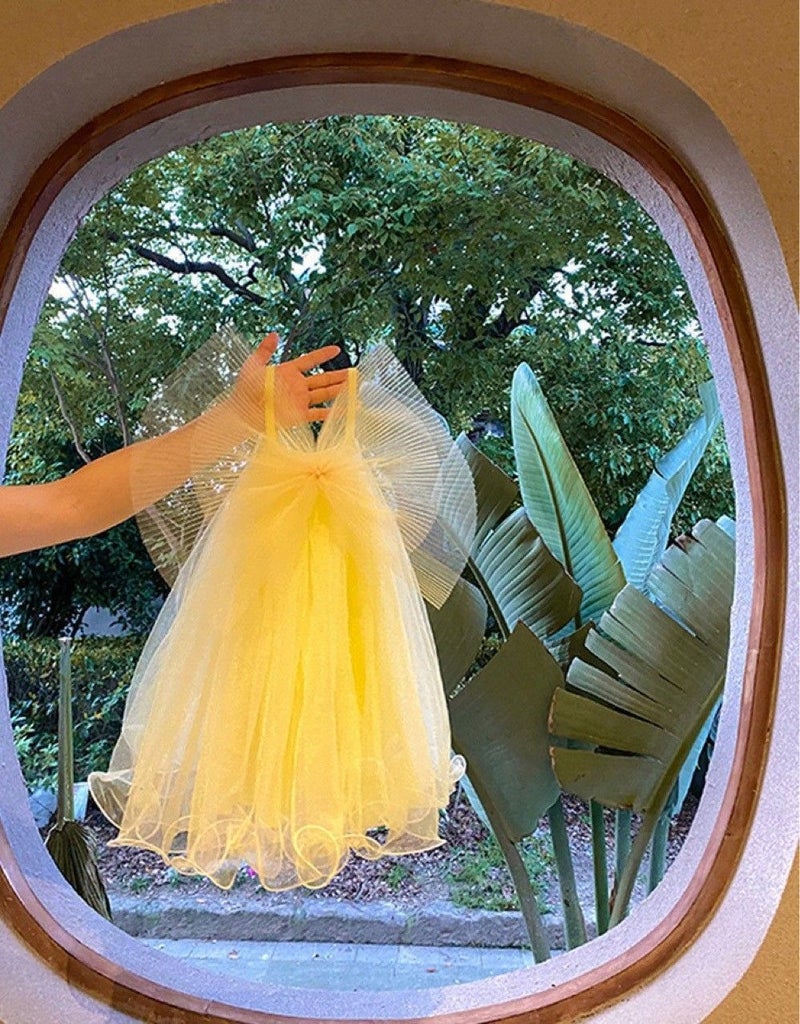 South Korea Childrens Wear 2024 Spring and Autumn Summer Instagram Girls Big Bow Wings Slip Skirt Fairy Skirt N89 [yellow] send wings a lot of in stock 