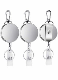 Retractable Badge Holder Reel Clip 3 Pack Heavy Duty Metal ID Badge Holder with Swivel Snap Hook Metal Body and Clip Retractable Cord ID Strap and Key Ring Key Chain Silver