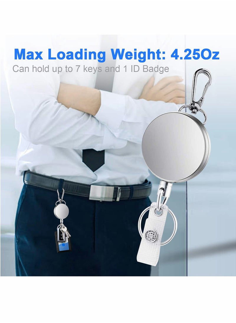 Excefore - Retractable Badge Holder Reel Clip 3 Pack Heavy Duty Metal ID Badge Holder with Swivel Snap Hook Metal Body and Clip Retractable Cord ID Strap and Key Ring Key Chain Silver - Image 1