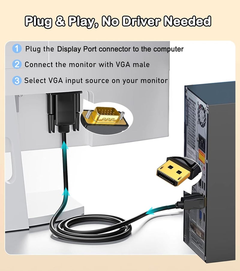 DisplayPort to VGA Cable 6FT, DP to VGA Adapter, 1080P@60Hz Video Cable from Laptop/PC (DP) to Monitor/Projector (VGA), Not Bidirectional, Not Compatible with HDMI or USB - Image 5