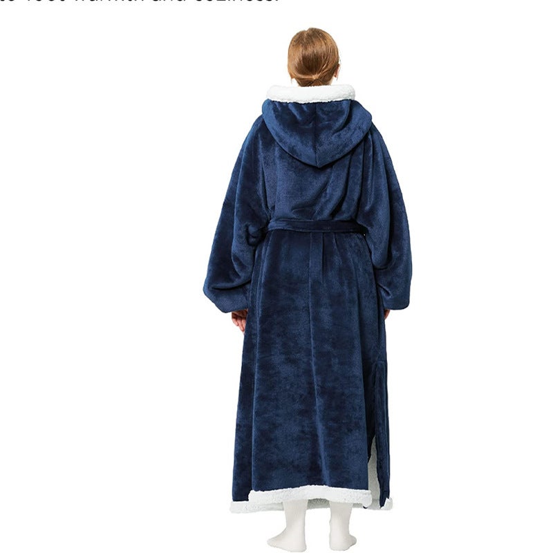 Fleece Hooded Warm Robe Autumn Winter Couch Blanket Sweatshirt peacock blue - Image 4