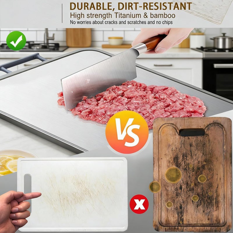jjojcll Cutting Boards for Kitchen - Food Grade Double Sided Pure Titanium& Bamboo Chopping Board with Handle, Slip resistant Non-toxic Charcuterie Board Housewarming Gifts - Image 5