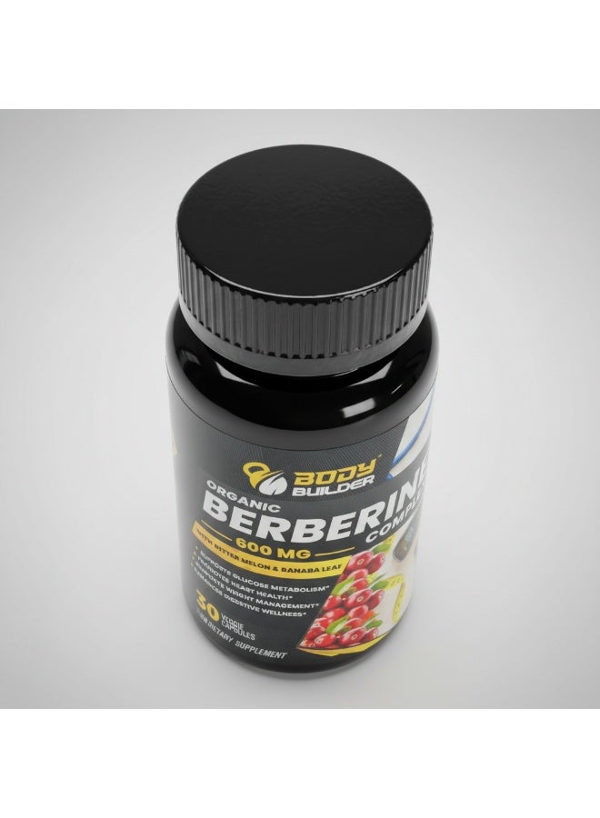 Body Builder Organic Berberine Complex 600 mg with Bitter Melon & Banaba Leaf, 30 Veggie Capsules | Dietary Supplement - Image 2
