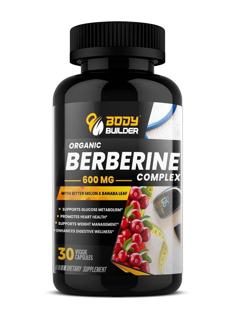 Body Builder Organic Berberine Complex 600 mg with Bitter Melon & Banaba Leaf, 30 Veggie Capsules | Dietary Supplement - Image 1