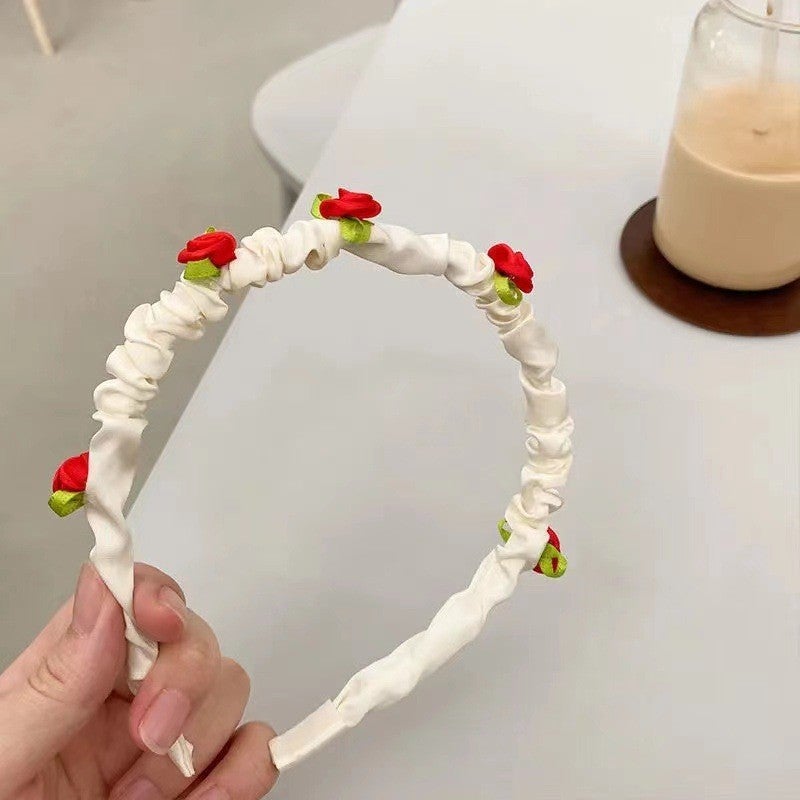Loquat Super Fairy French Style Girls Floral Hair Band Womens Face Wash Cute All-match Going-out Pearl Headband Vintage Rhinestone Hair Accessories White Rose Hair Hoop