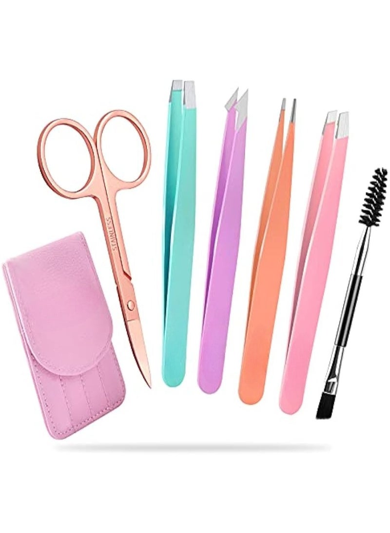 GlamKit 6 PCS Tweezers Set for Women, Eyebrow Tweezers with Curved Scissor for Ingrown Hair, Hair Plucking Daily Beauty Tools with Leather Travel Case - Image 1