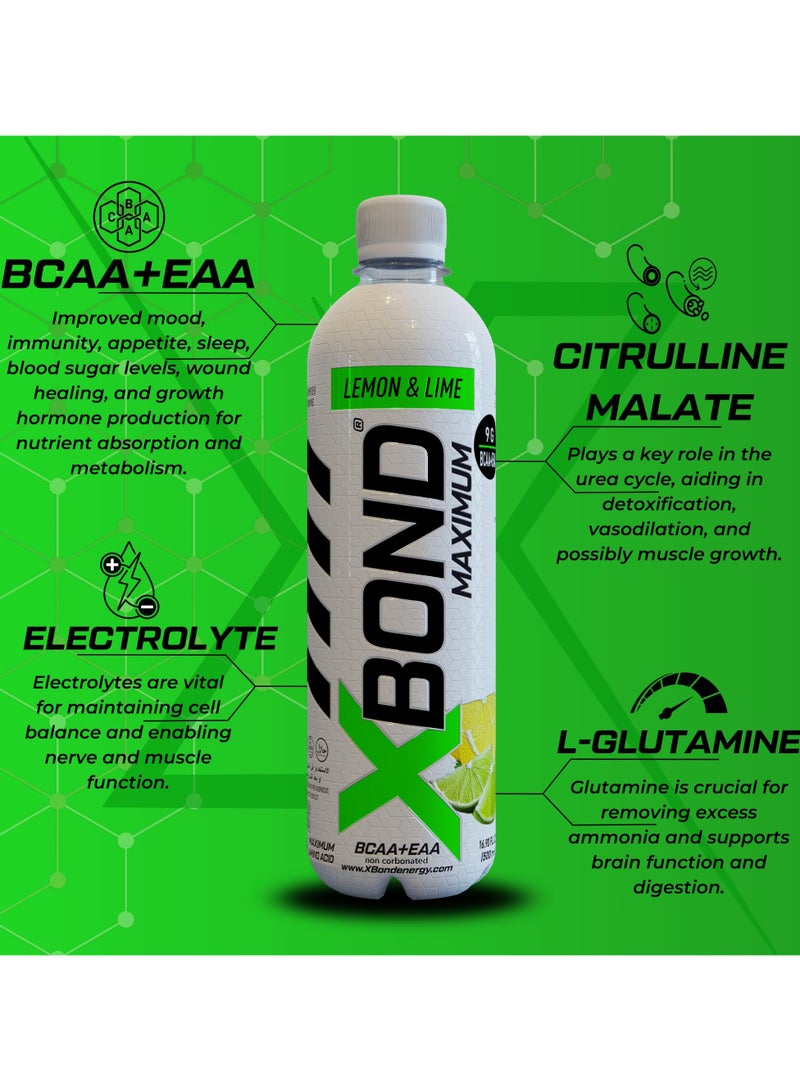 Xbond X-BOND 9g BCAA + EAA Lemon & Lime Maximum Recovery  Non Carbonated Drink Maximum Amino Drink -  Electrolytes Drink - 16 fl oz (500 ml), Sugar Free 34 Calories, 60mg Caffeine Pack of 12 - Image 4